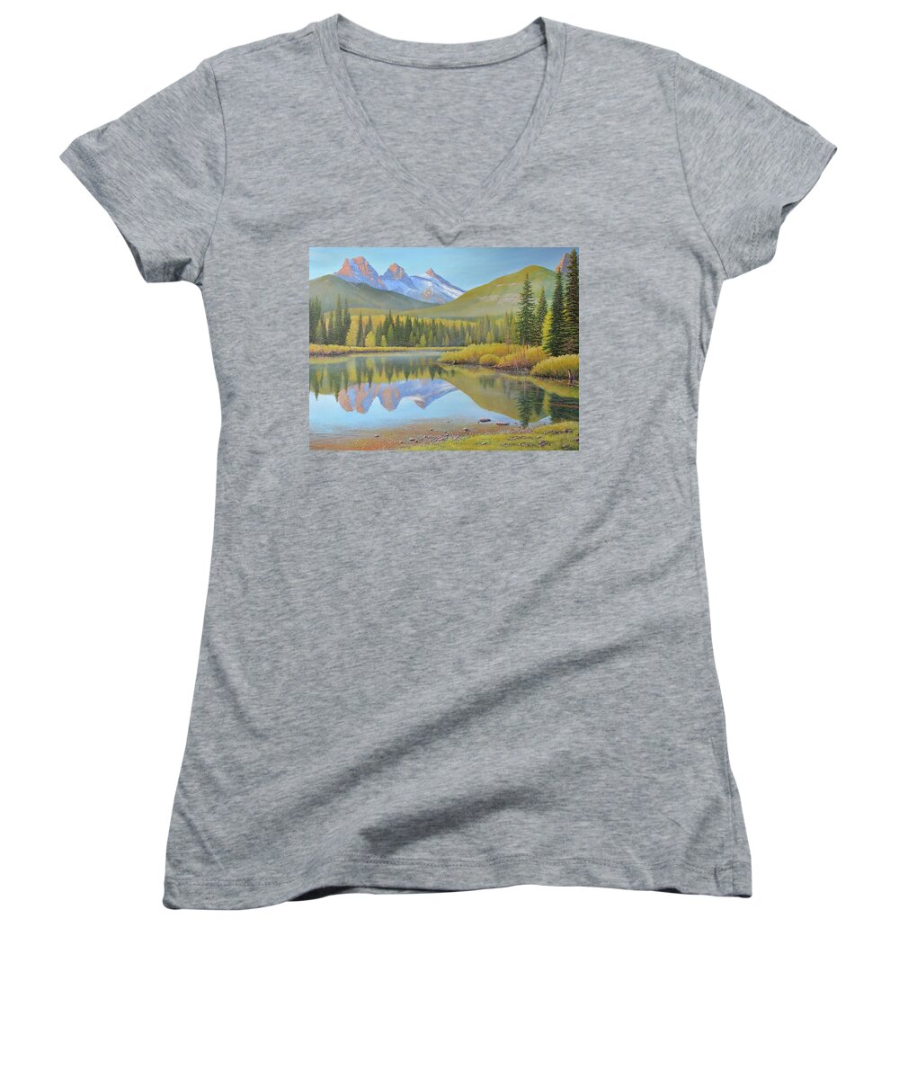 Jake Vandenbrink Women's V-Neck featuring the painting In The Morning Air by Jake Vandenbrink