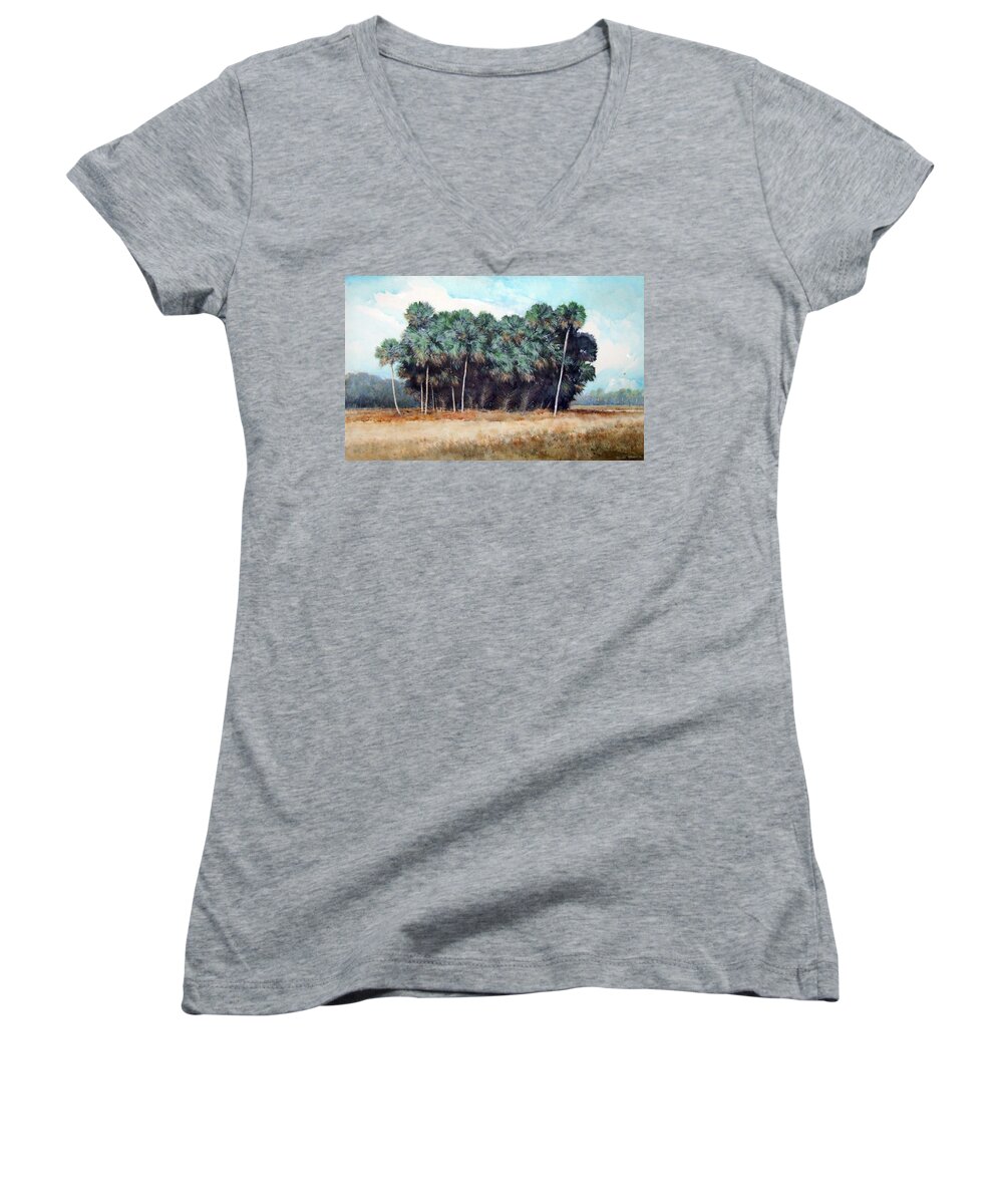Florida Women's V-Neck featuring the painting Indian Prairie by Ronald Shelley