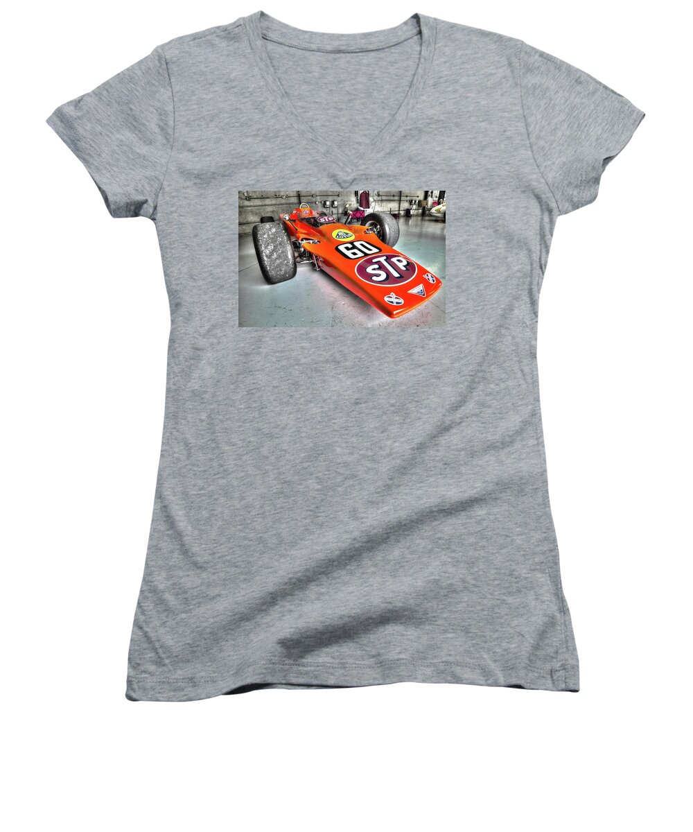 1968 Lotus 56 Turbine Indy Car #60 Women's V-Neck featuring the photograph Indianapolis Lotus Wedge Turbine by Josh Williams