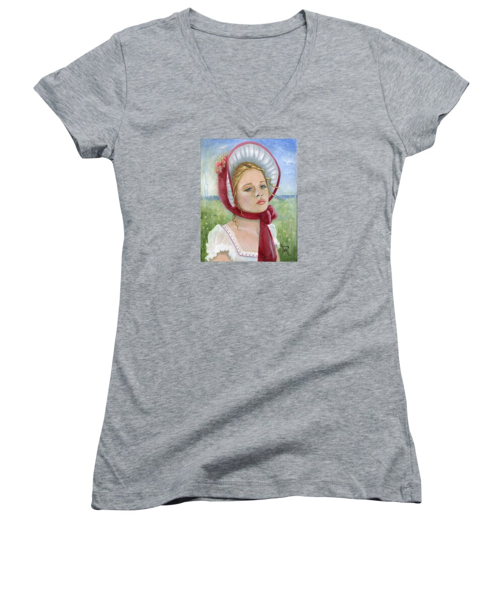 Portrait Women's V-Neck featuring the painting Innocence by Terry Webb Harshman