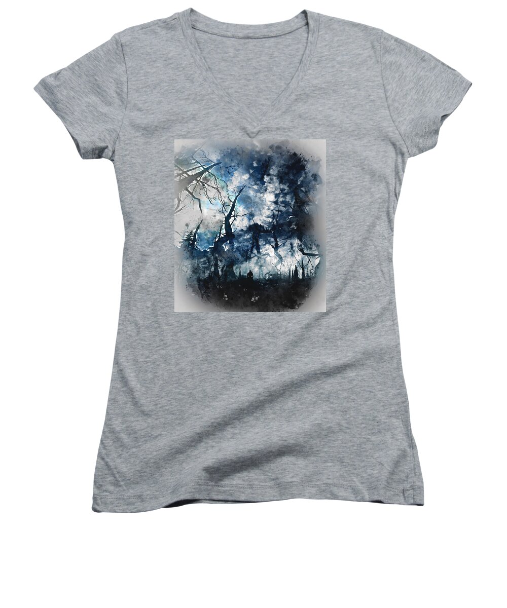 Lifetime Women's V-Neck featuring the painting Into the Darkness - 01 by AM FineArtPrints