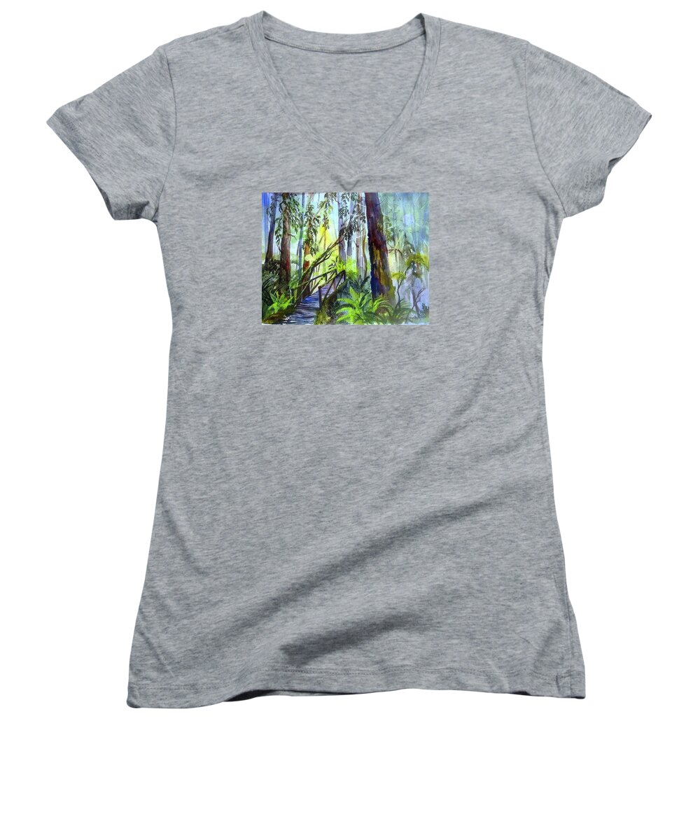 Misty Redwoods Women's V-Neck featuring the painting Into The Mist by Esther Woods