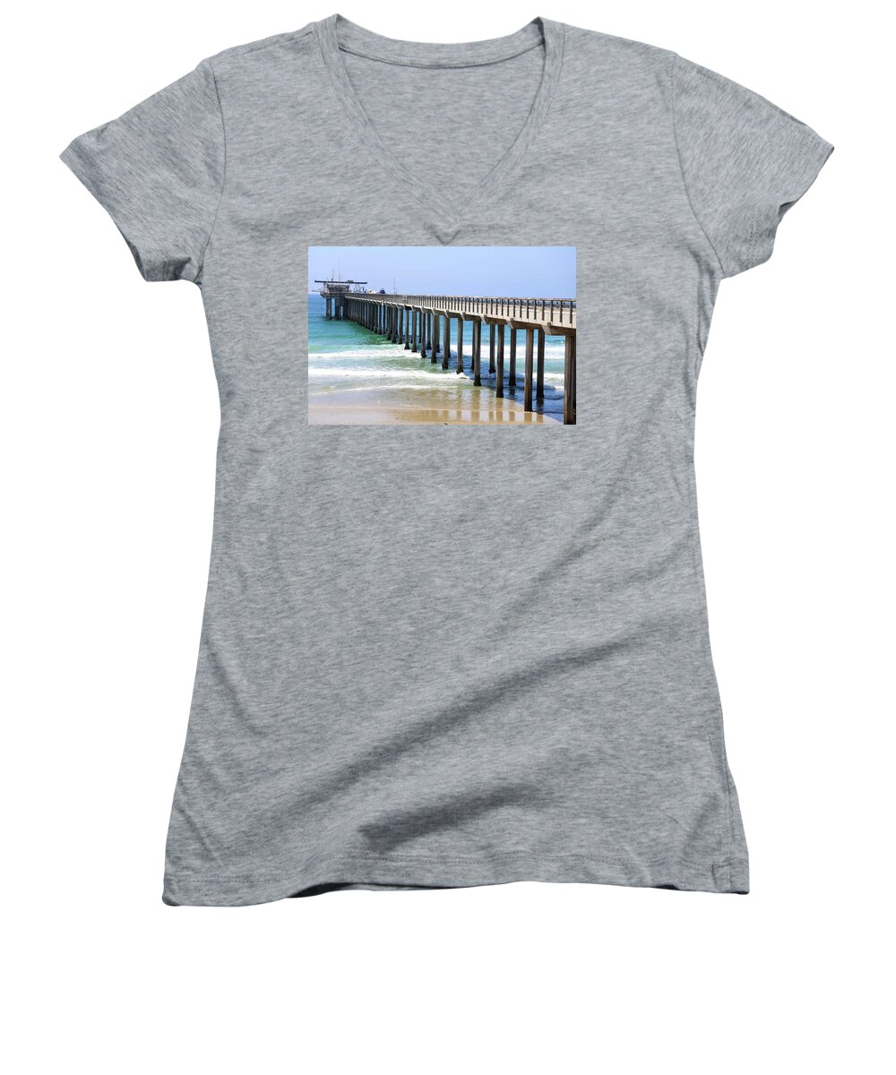 Scripps Pier Women's V-Neck featuring the photograph Into the Ocean by Brandy Little