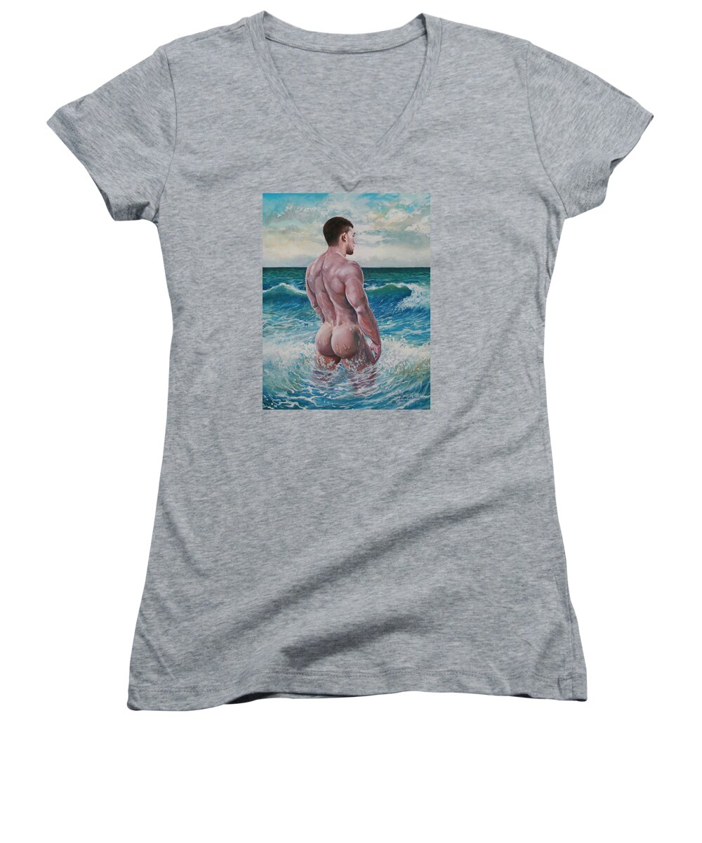 Seascape Women's V-Neck featuring the painting Into The Waves by Marc DeBauch