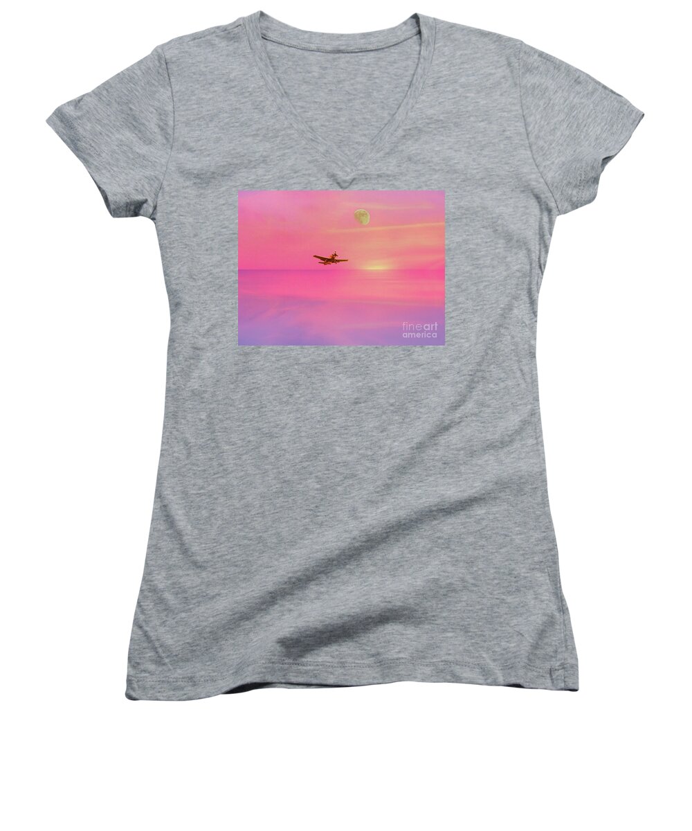 Plane Women's V-Neck featuring the photograph Into The Wild Pink Yonder by Al Bourassa