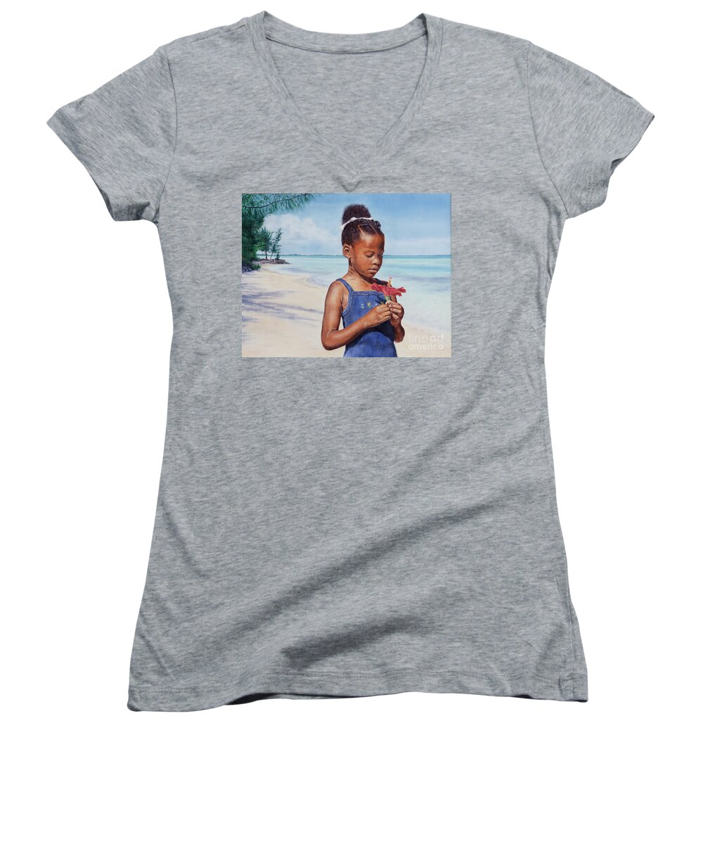 Roshanne Women's V-Neck featuring the painting Island Flowers by Roshanne Minnis-Eyma
