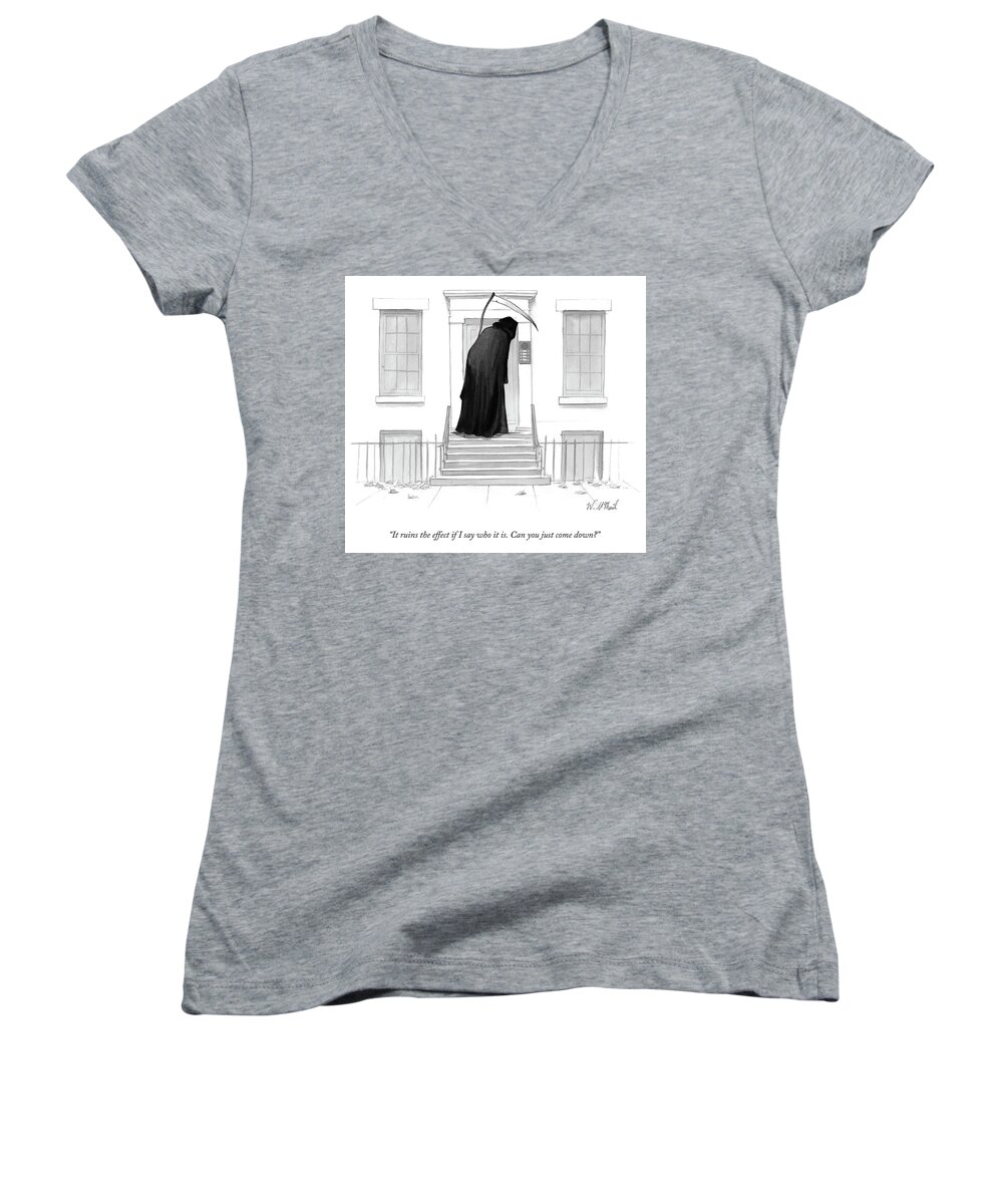 Death Women's V-Neck featuring the drawing It Ruins the effect if I say who it is by Will McPhail