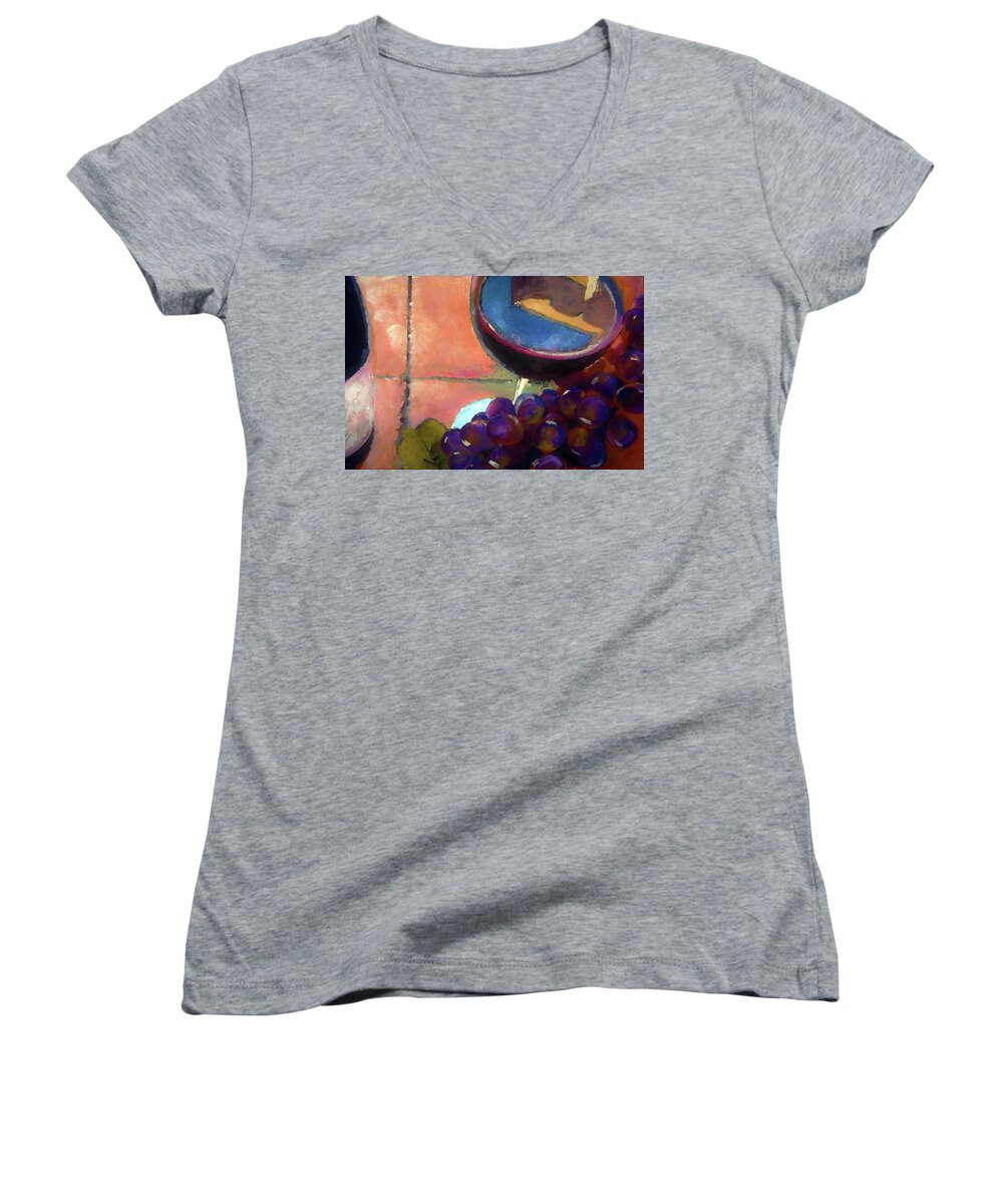 Italian Women's V-Neck featuring the painting Italian Tile and Fine Wine by Lisa Kaiser