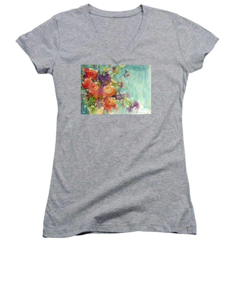 Flowers Women's V-Neck featuring the painting It's a Teal World by Judith Levins