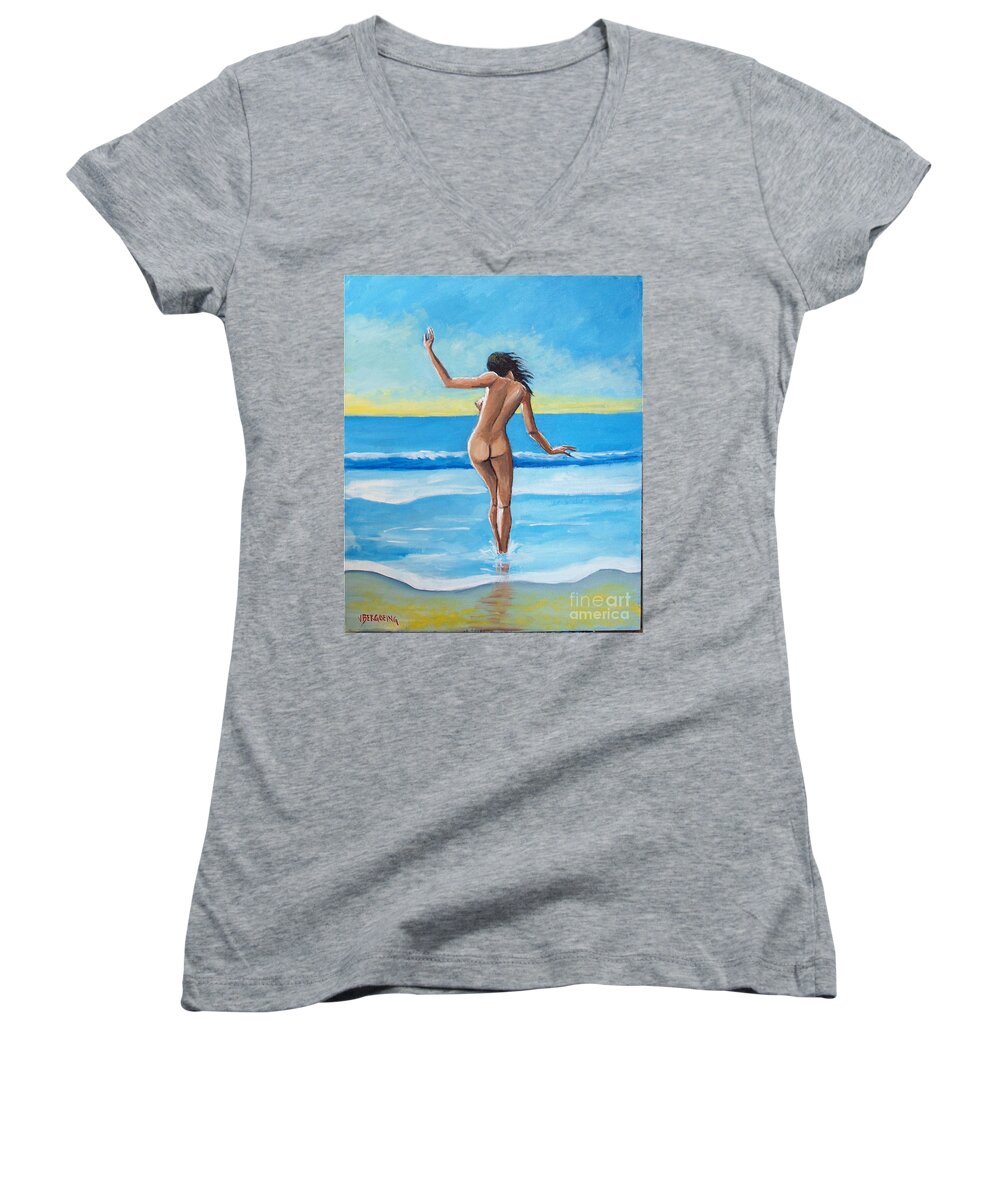 Sea Women's V-Neck featuring the painting It's cold by Jean Pierre Bergoeing
