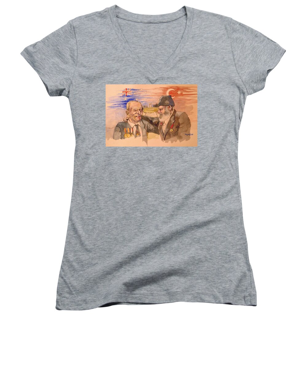 Anzac Women's V-Neck featuring the painting Jack Ryan and Hyseyin Kacmaz by Ray Agius