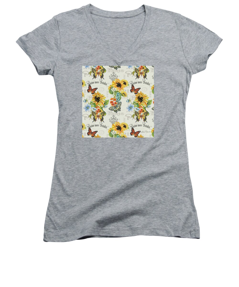 French Women's V-Neck featuring the painting Jaime mon Jardin-JP3989 by Jean Plout