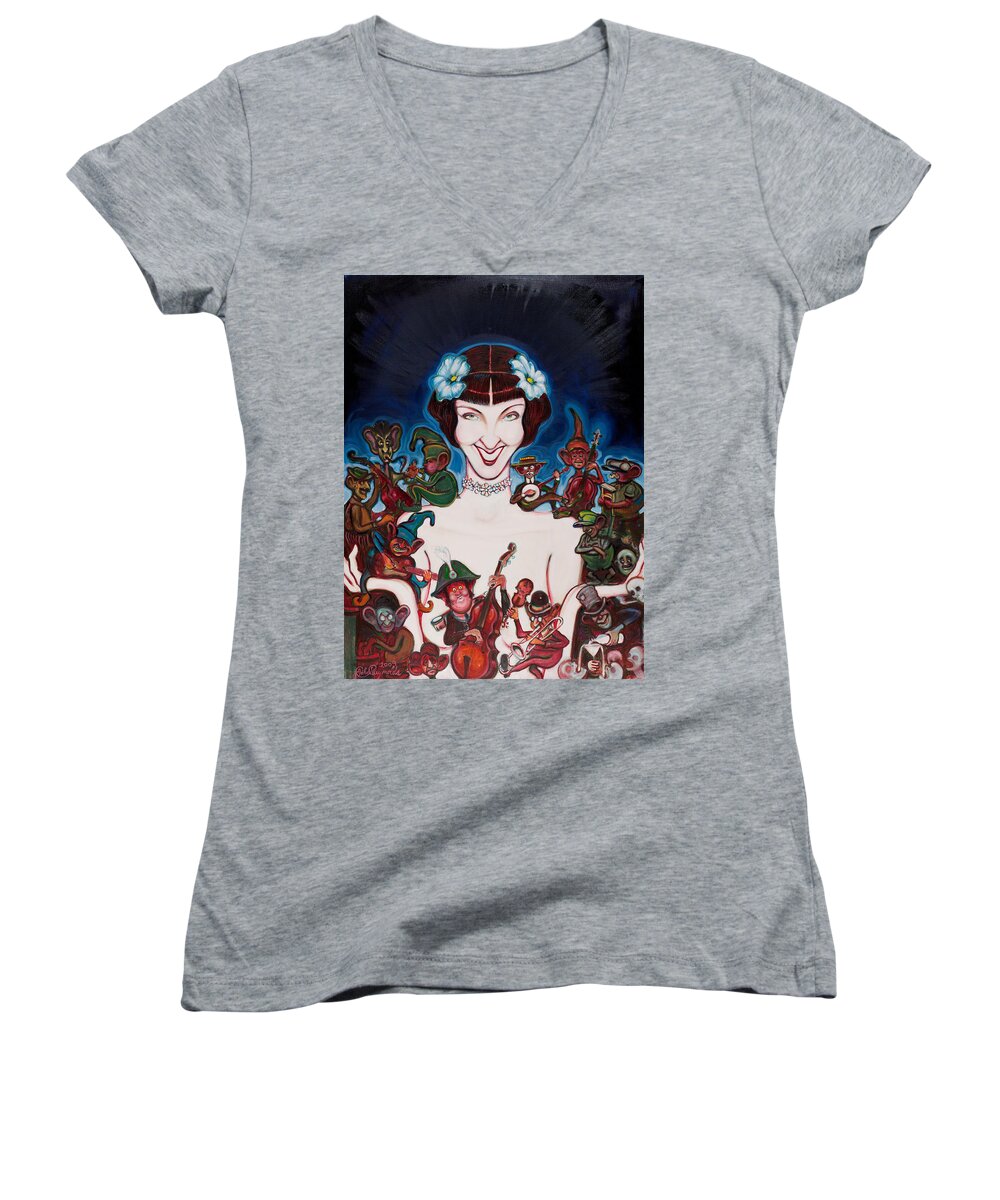 Janet Klein And Her Parlor Boys Women's V-Neck featuring the painting Janet Klein by John Reynolds