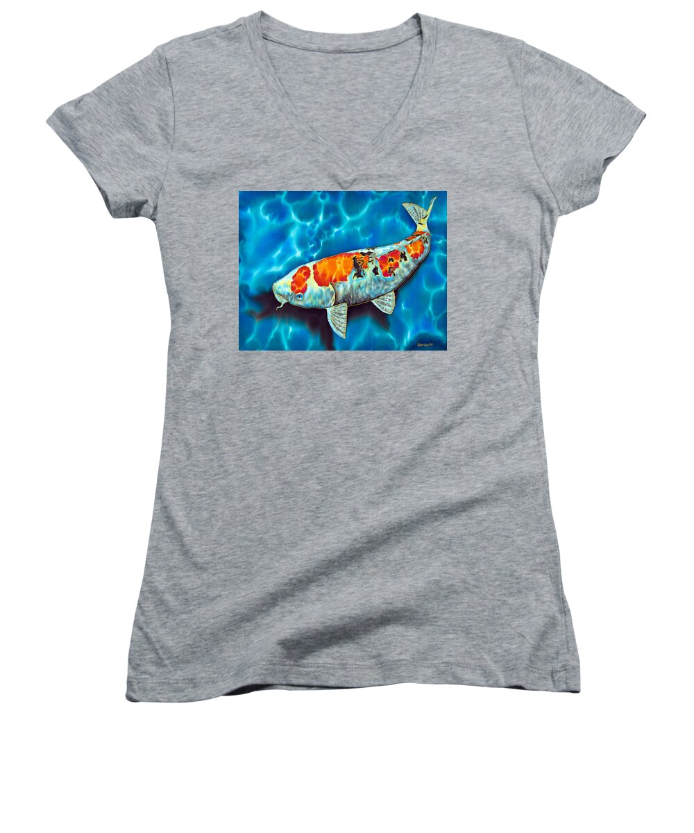 Fish Pond Women's V-Neck featuring the painting Japanese Koi by Daniel Jean-Baptiste