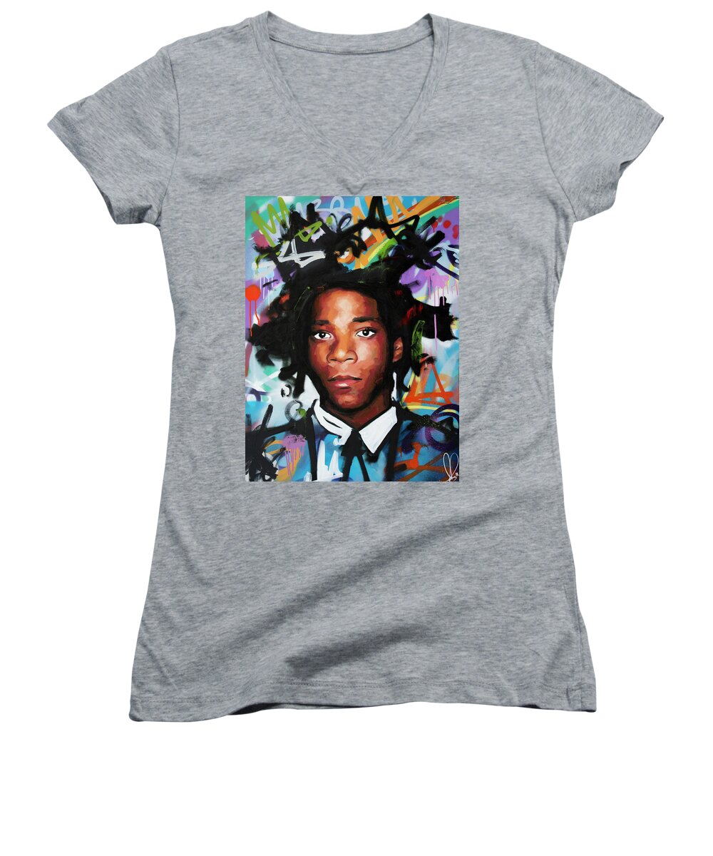 Jean Women's V-Neck featuring the painting Jean Michel Basquiat II by Richard Day
