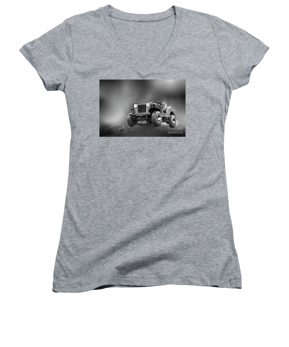 Vehicle Women's V-Neck featuring the photograph Jeep BW by Charuhas Images