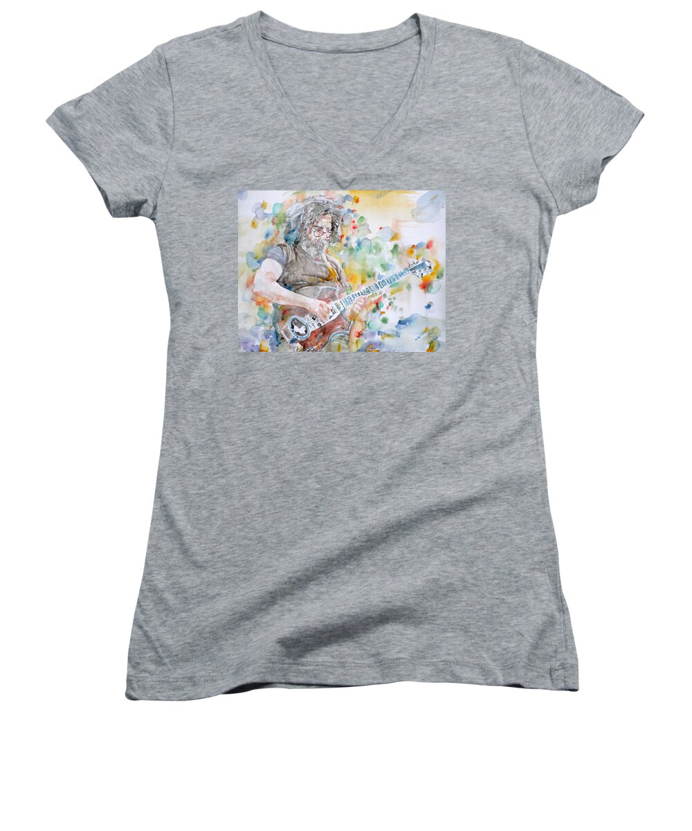 Jerry Garcia Women's V-Neck featuring the painting JERRY GARCIA - watercolor portrait.15 by Fabrizio Cassetta