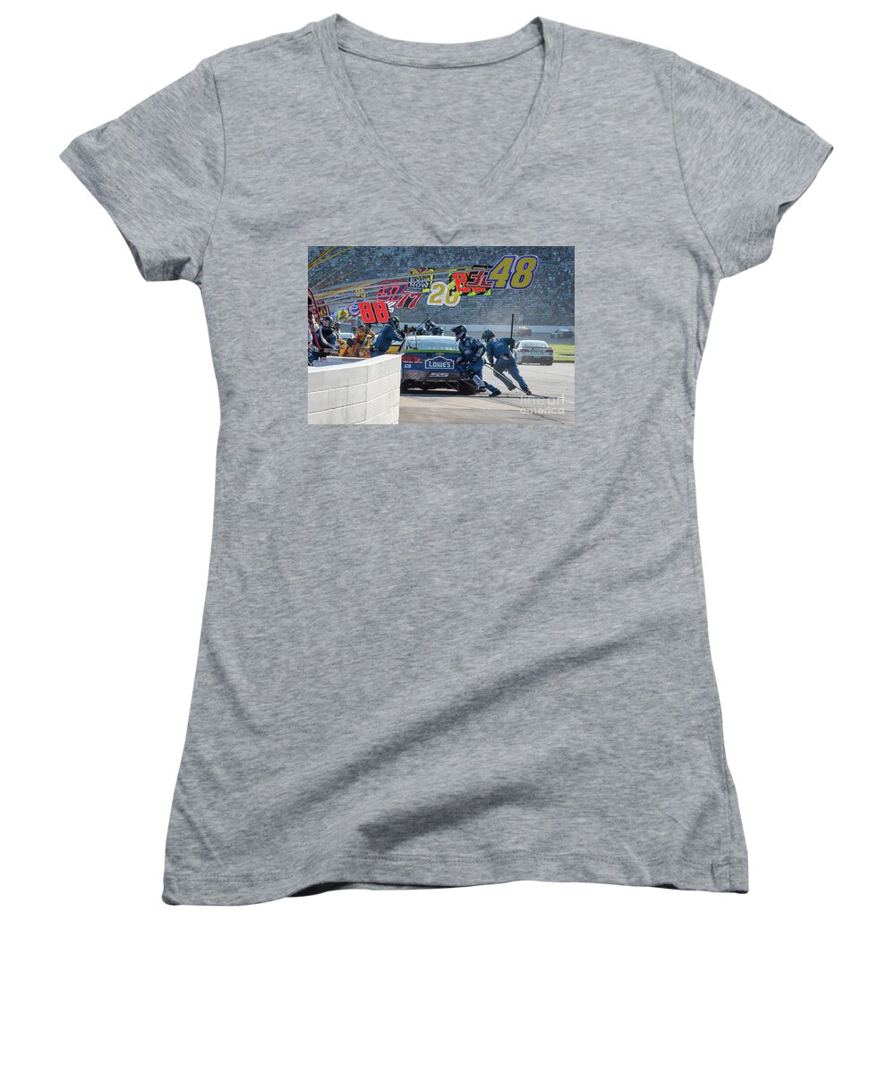 Jimmy Johnson Women's V-Neck featuring the photograph Jimmy Johnson getting some new shoes by Paul Quinn