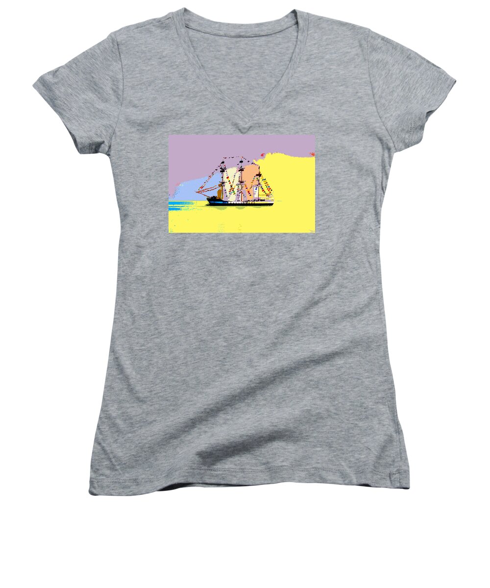 Gasparilla Women's V-Neck featuring the painting Jose Gasparilla sailing colorful Tampa Bay by David Lee Thompson