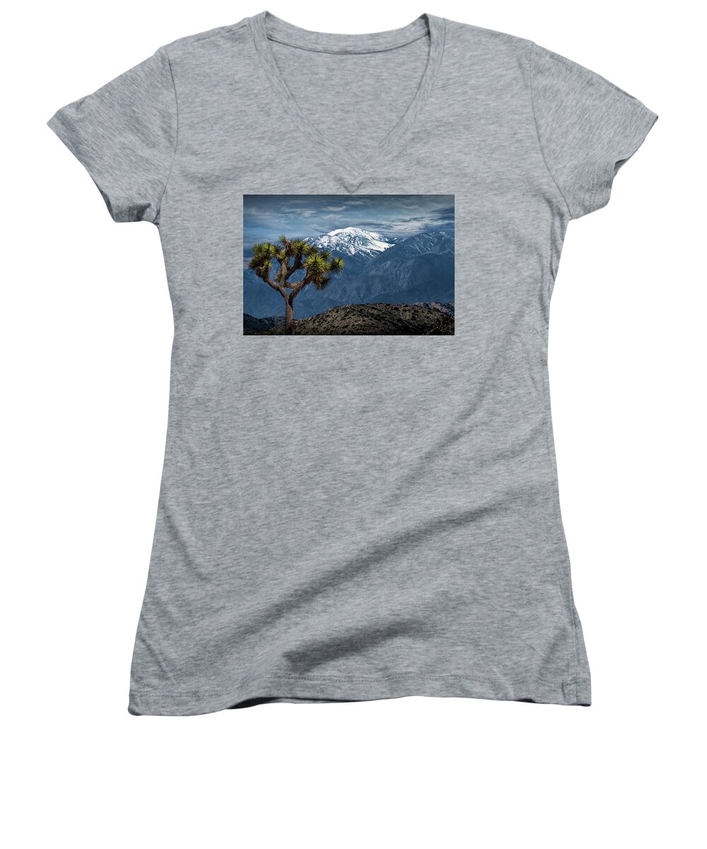 California Women's V-Neck featuring the photograph Joshua Tree at Keys View in Joshua Park National Park by Randall Nyhof