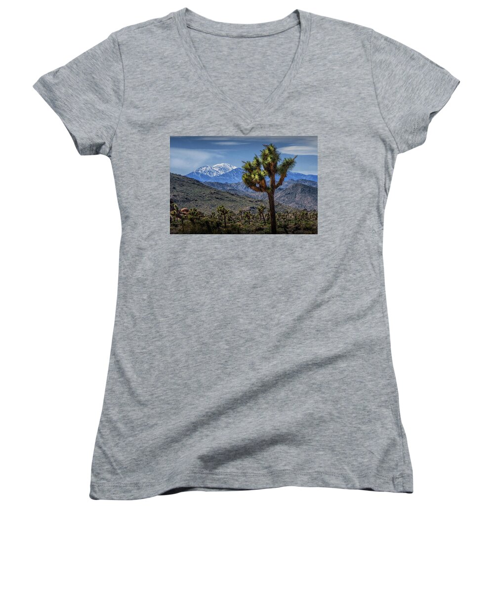 California Women's V-Neck featuring the photograph Joshua Tree in Joshua Park National Park with the Little San Bernardino Mountains in The Background by Randall Nyhof