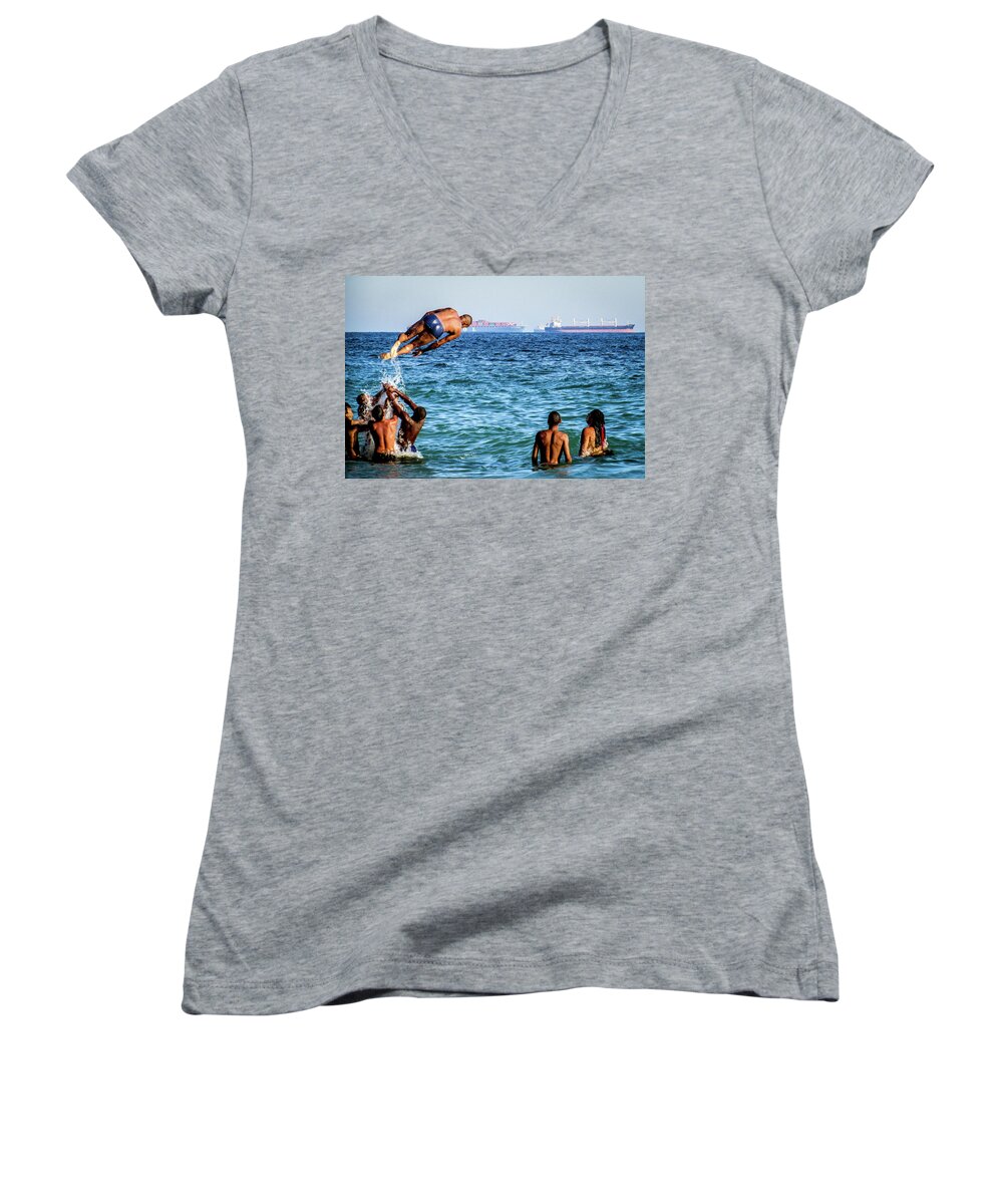 Peole Women's V-Neck featuring the photograph Jumping by Cesar Vieira