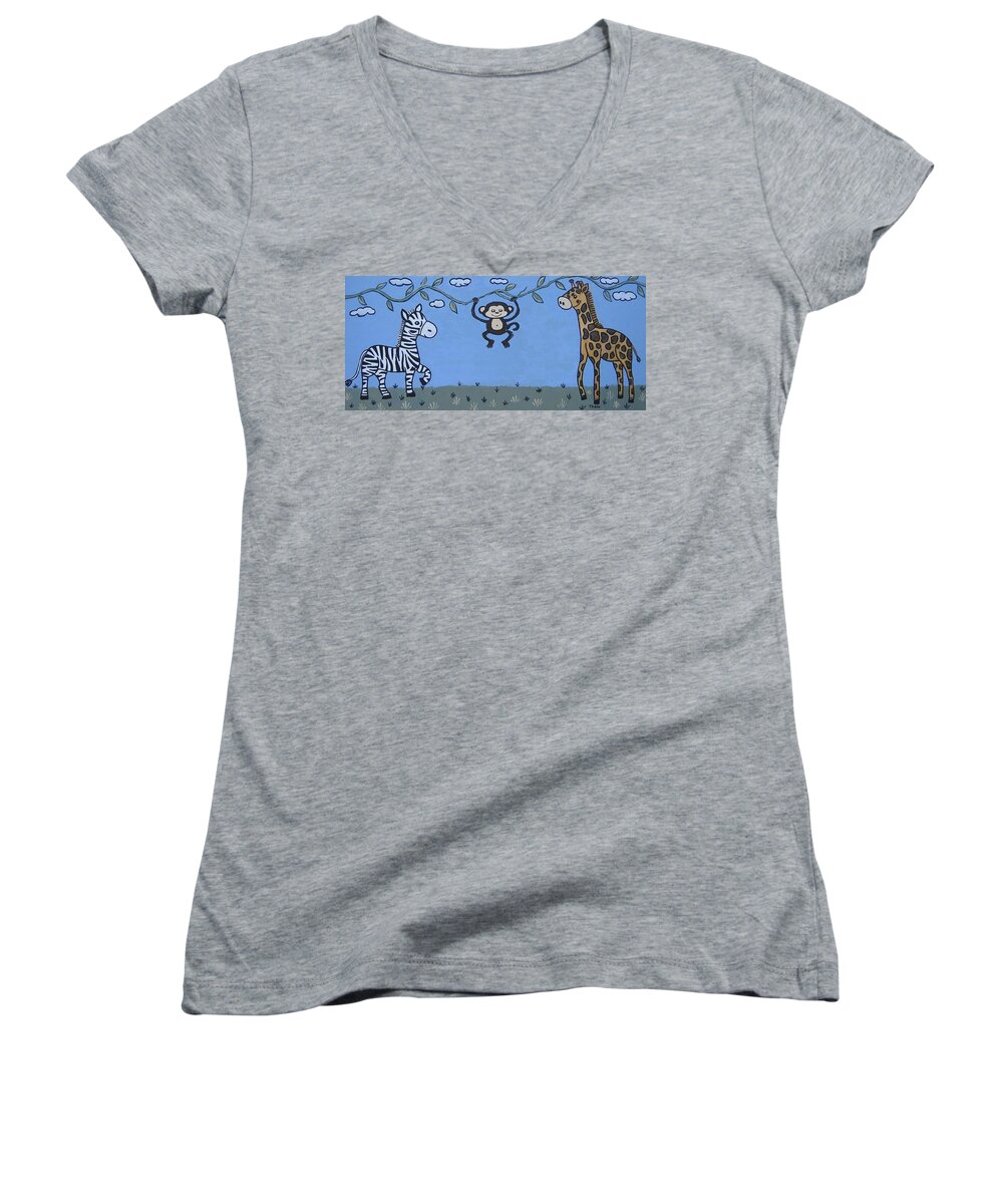 Jungle Women's V-Neck featuring the painting Jungle Animals by Suzanne Theis