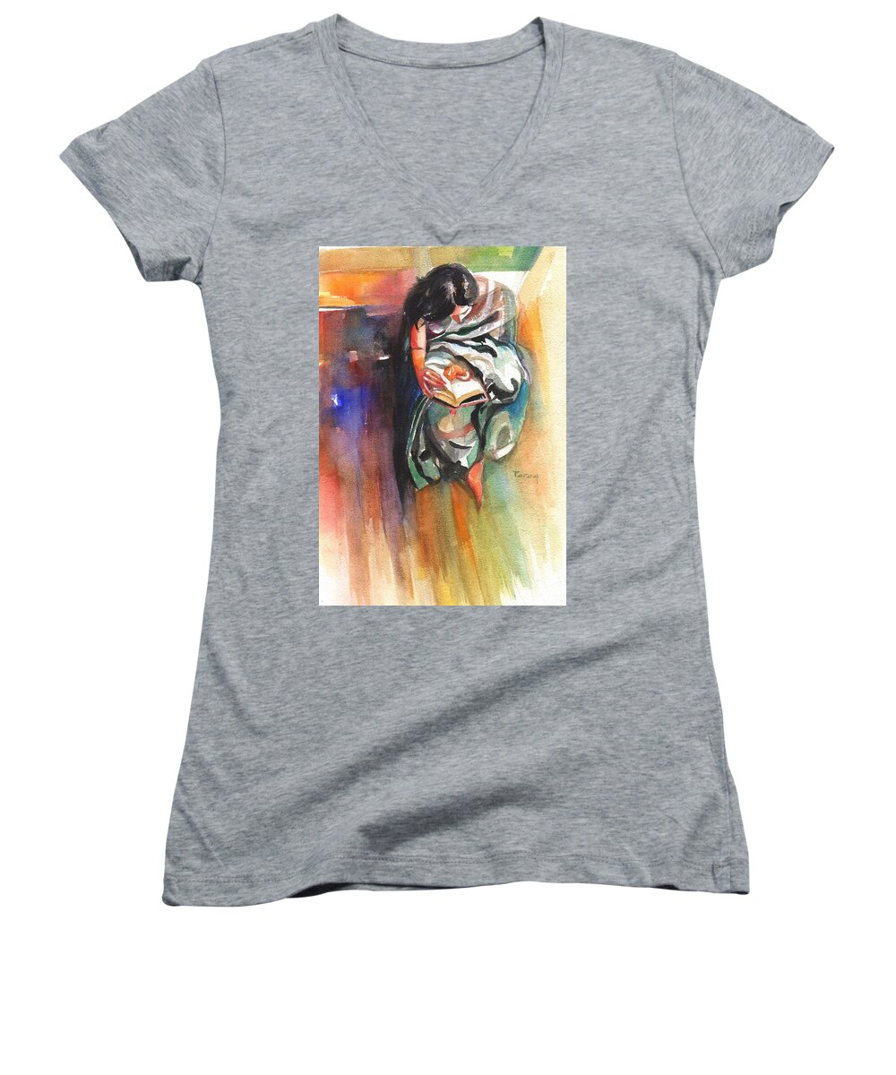 Female Reader Women's V-Neck featuring the drawing Just another perspective by Parag Pendharkar