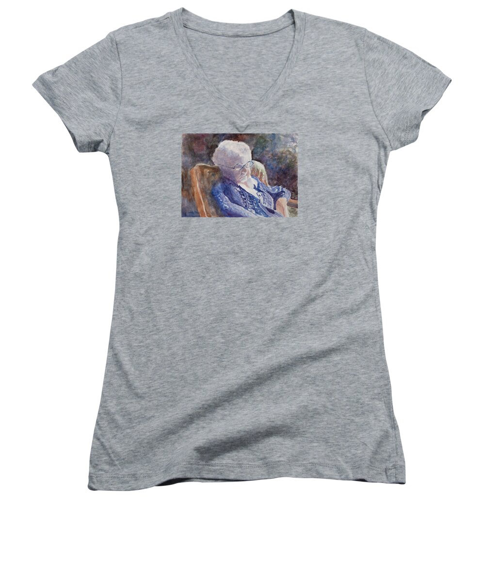 Woman Women's V-Neck featuring the painting Just Resting My Eyes by Mary Benke