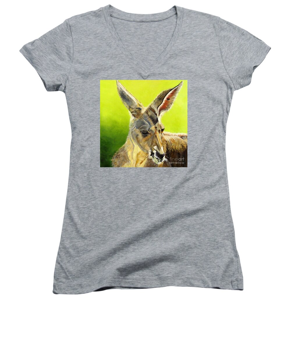 Macropus Women's V-Neck featuring the painting Kangeroo by Marilyn McNish