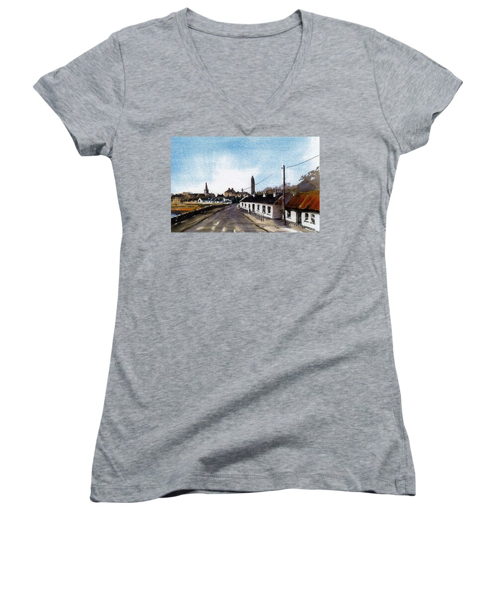  Women's V-Neck featuring the painting Killala Village Mayo by Val Byrne