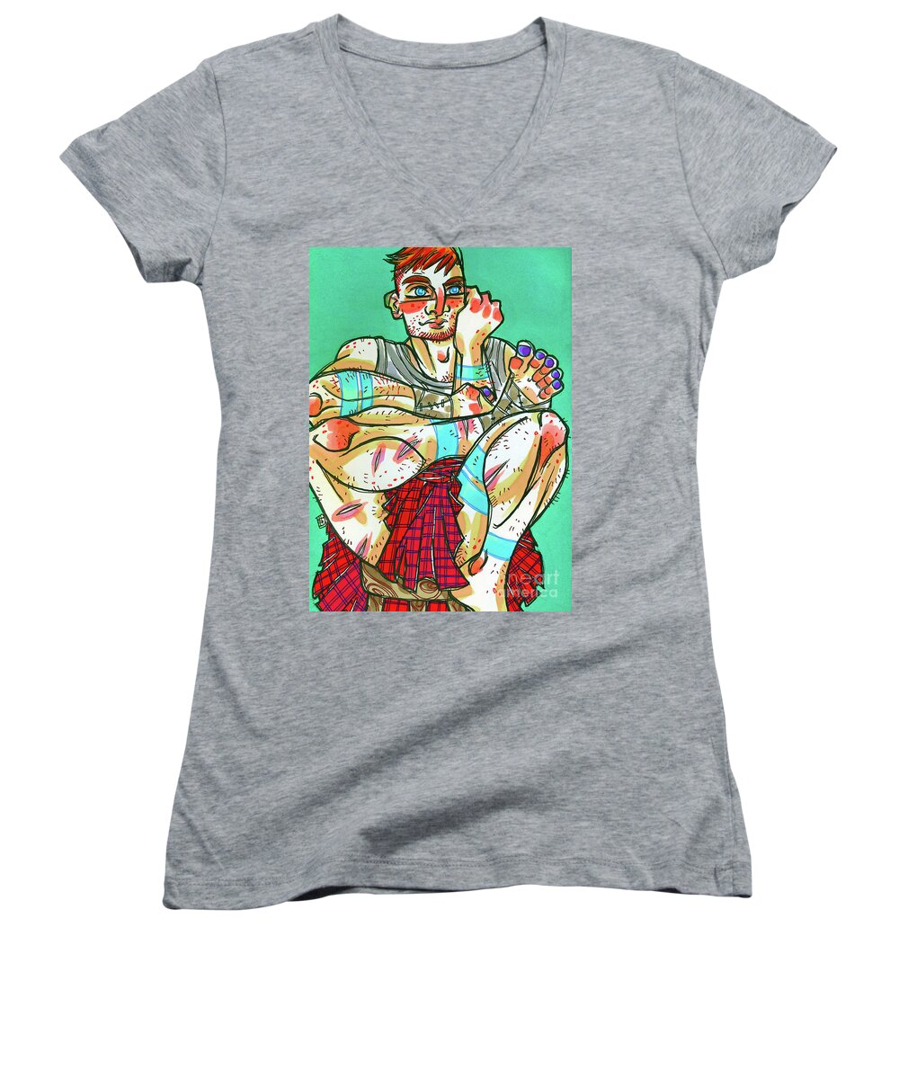 Shannon Hedges Women's V-Neck featuring the drawing Kilt No Sporan by Shannon Hedges
