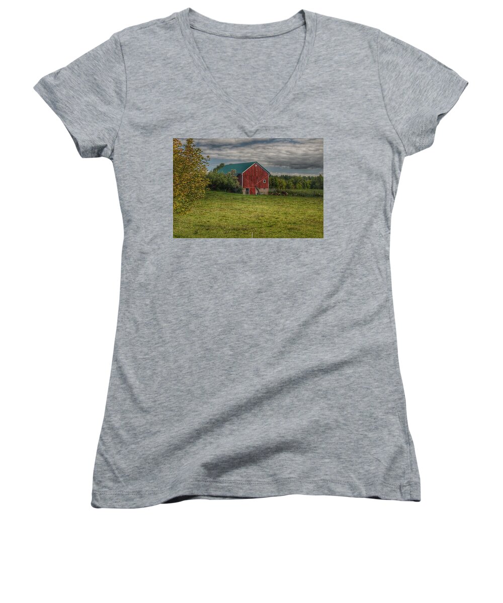 Barn Women's V-Neck featuring the photograph 0039 - Kingston's Plain Road Cow Barn I by Sheryl L Sutter