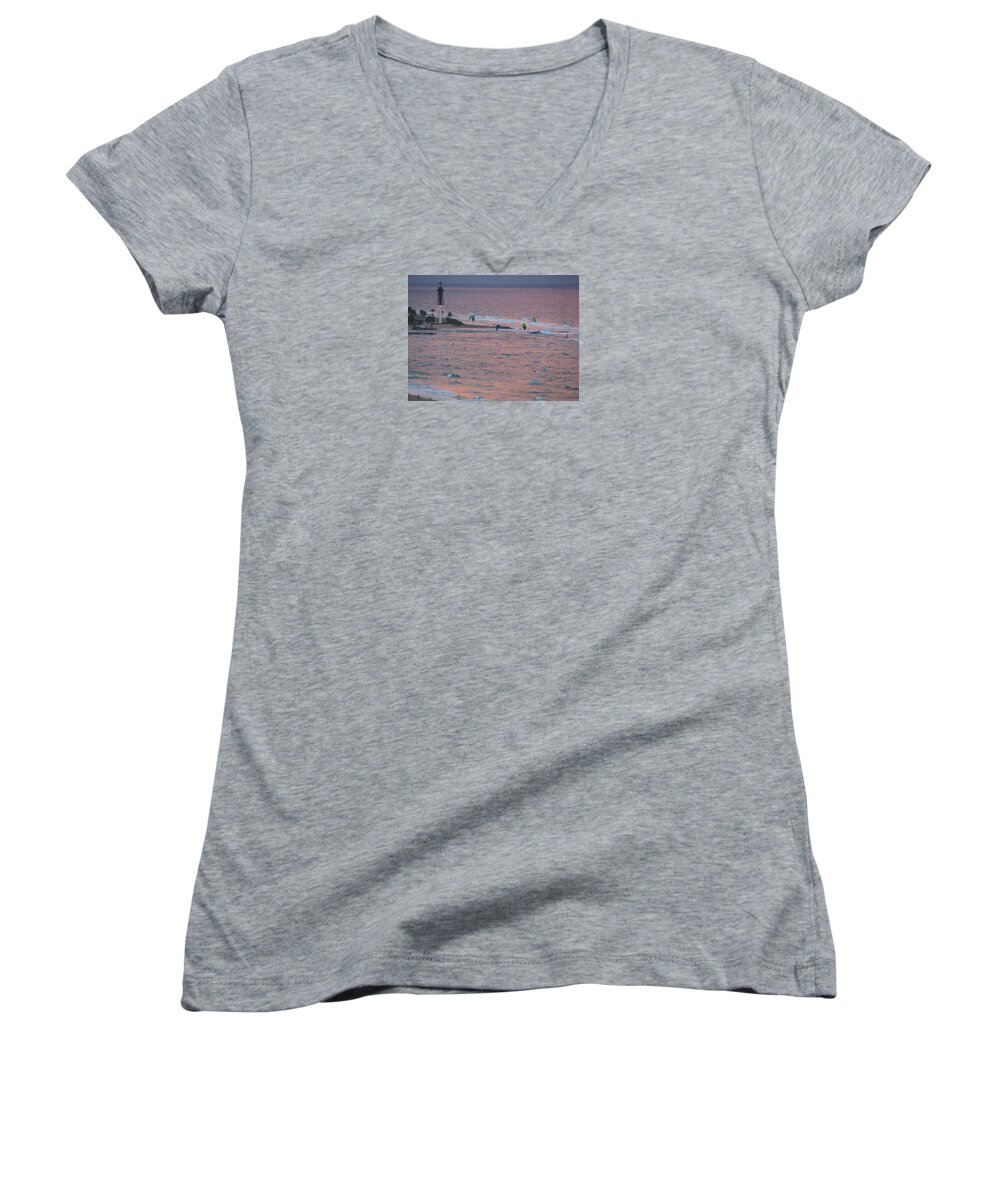 Lighthouse Women's V-Neck featuring the photograph Kiteboarding at Hillsboro by Corinne Carroll