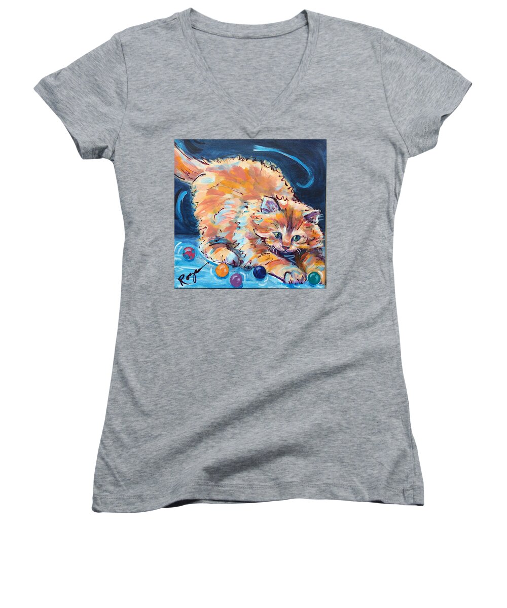  Women's V-Neck featuring the painting Kitty Keepsies by Judy Rogan
