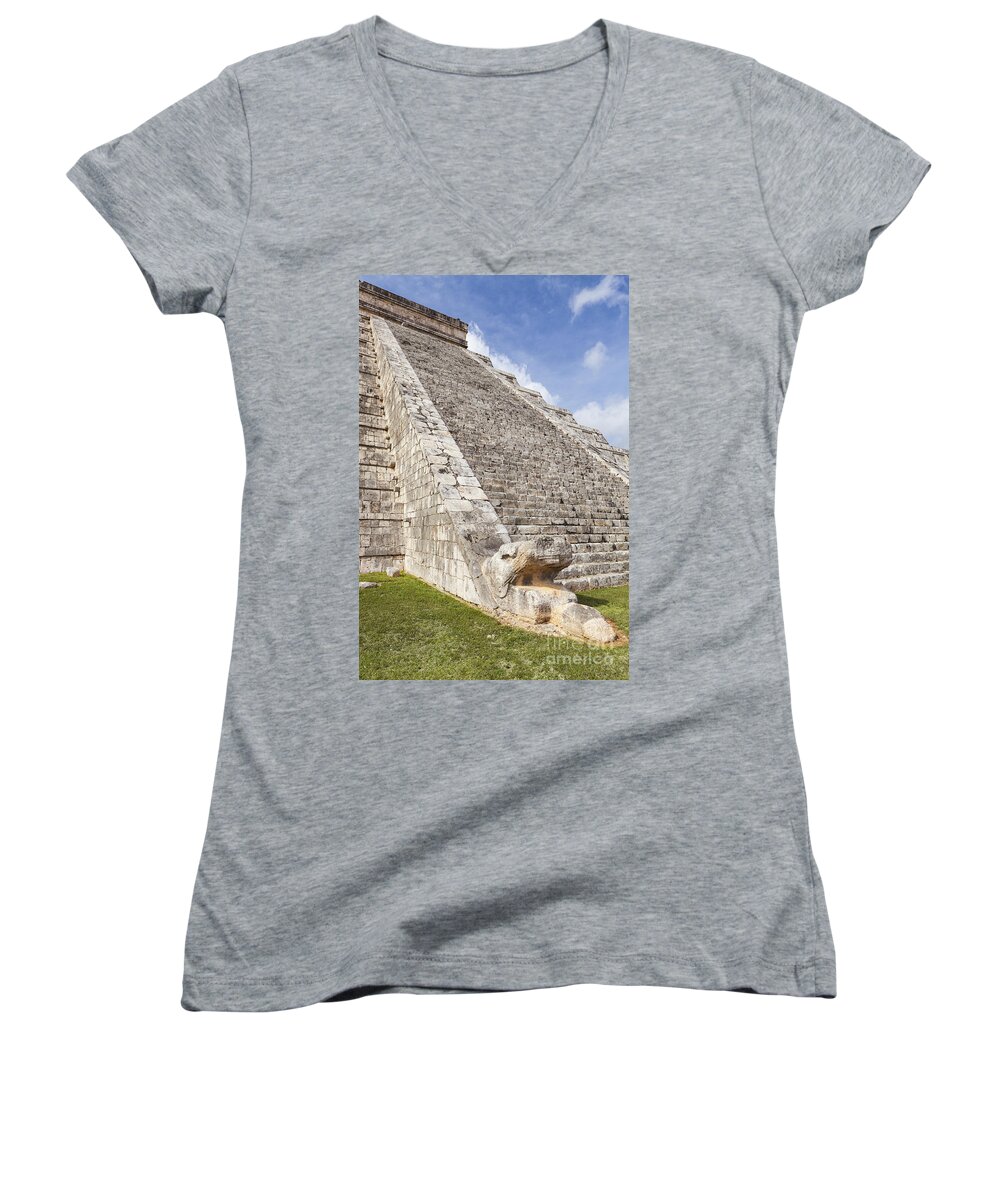 Archaeology Women's V-Neck featuring the photograph Kukulkan Pyramid At Chichen Itza by Bryan Mullennix