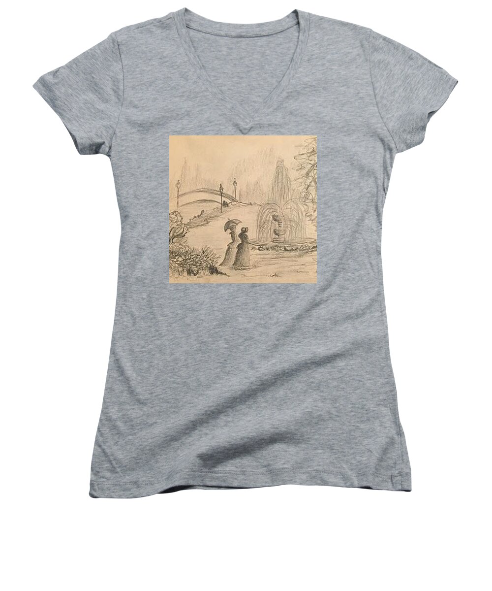 Ladies Women's V-Neck featuring the drawing Ladies by the Fountain by David Bartsch