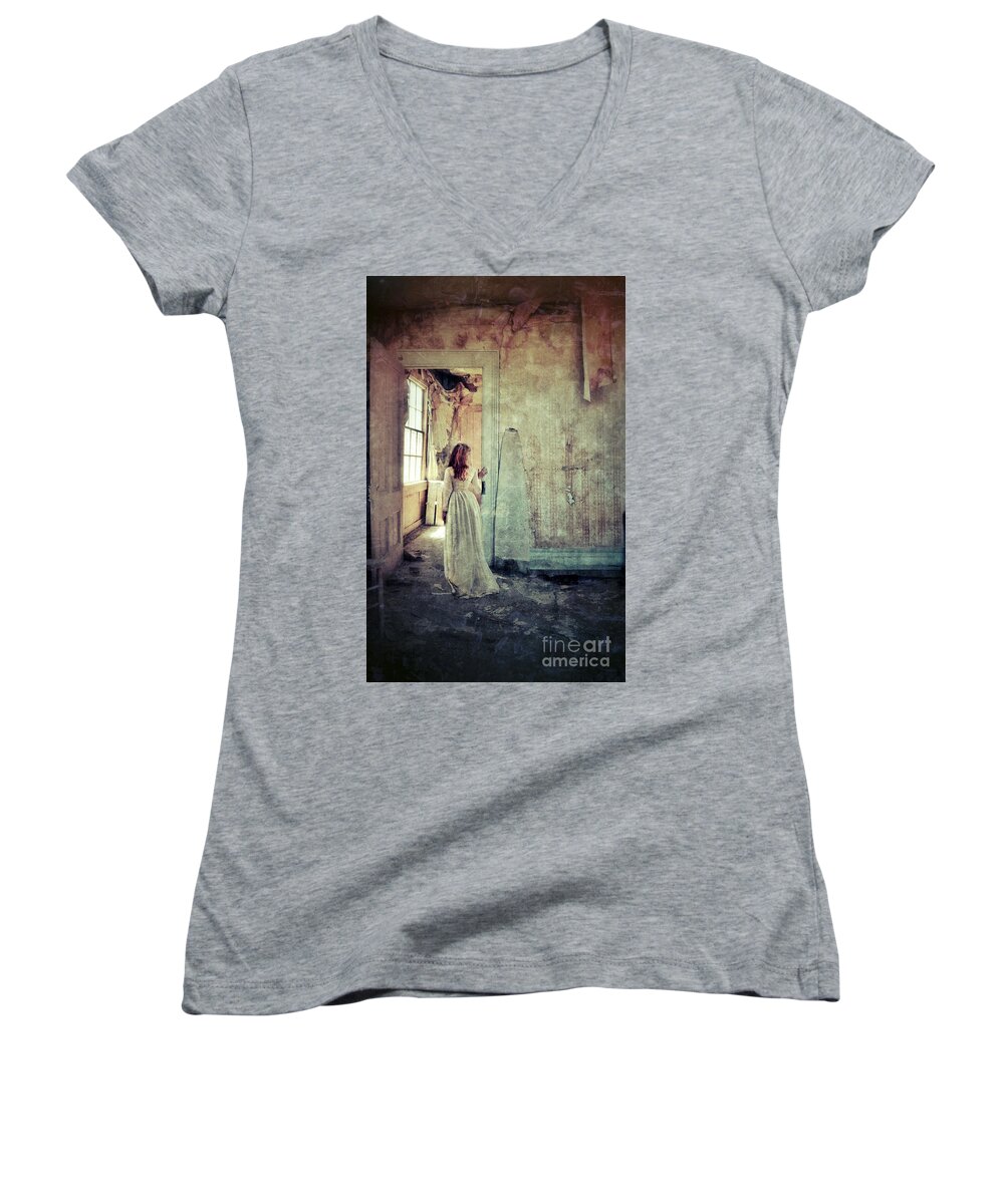 Room Women's V-Neck featuring the photograph Lady in an Old Abandoned House by Jill Battaglia