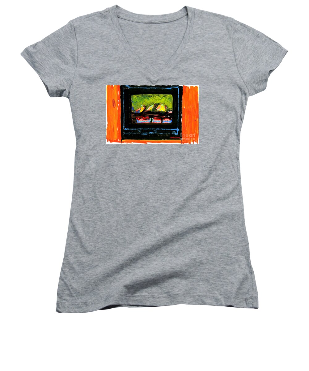 Fire Women's V-Neck featuring the painting Lake Champlain Fireplace by Candace Lovely