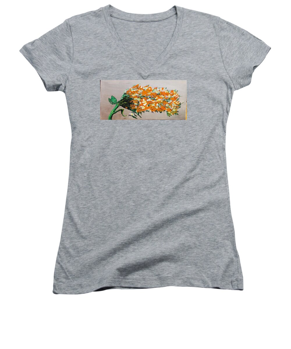 Relief Women's V-Neck featuring the painting Large Orangy Floral by Kenlynn Schroeder