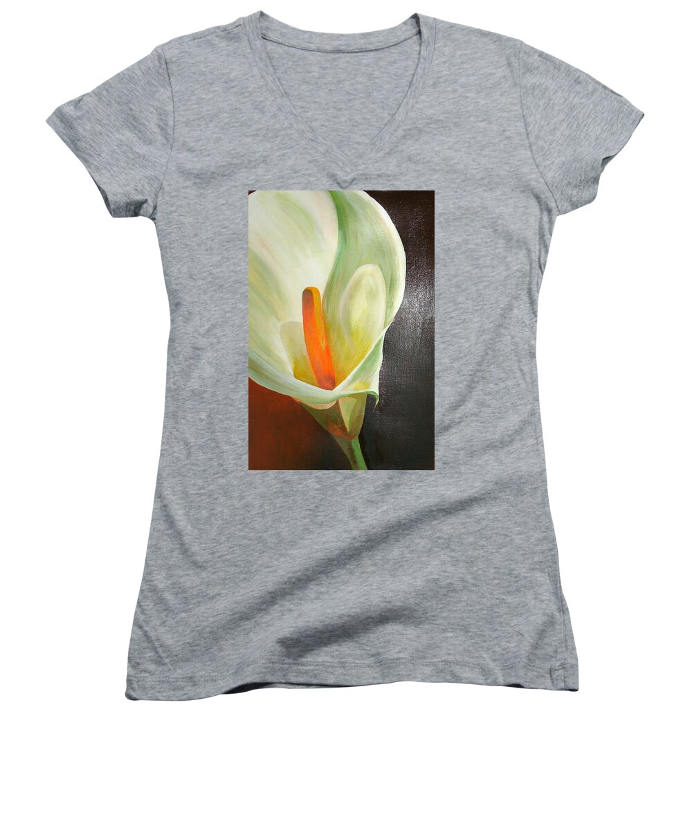 Zantedeschia Women's V-Neck featuring the painting Large White Calla by Taiche Acrylic Art