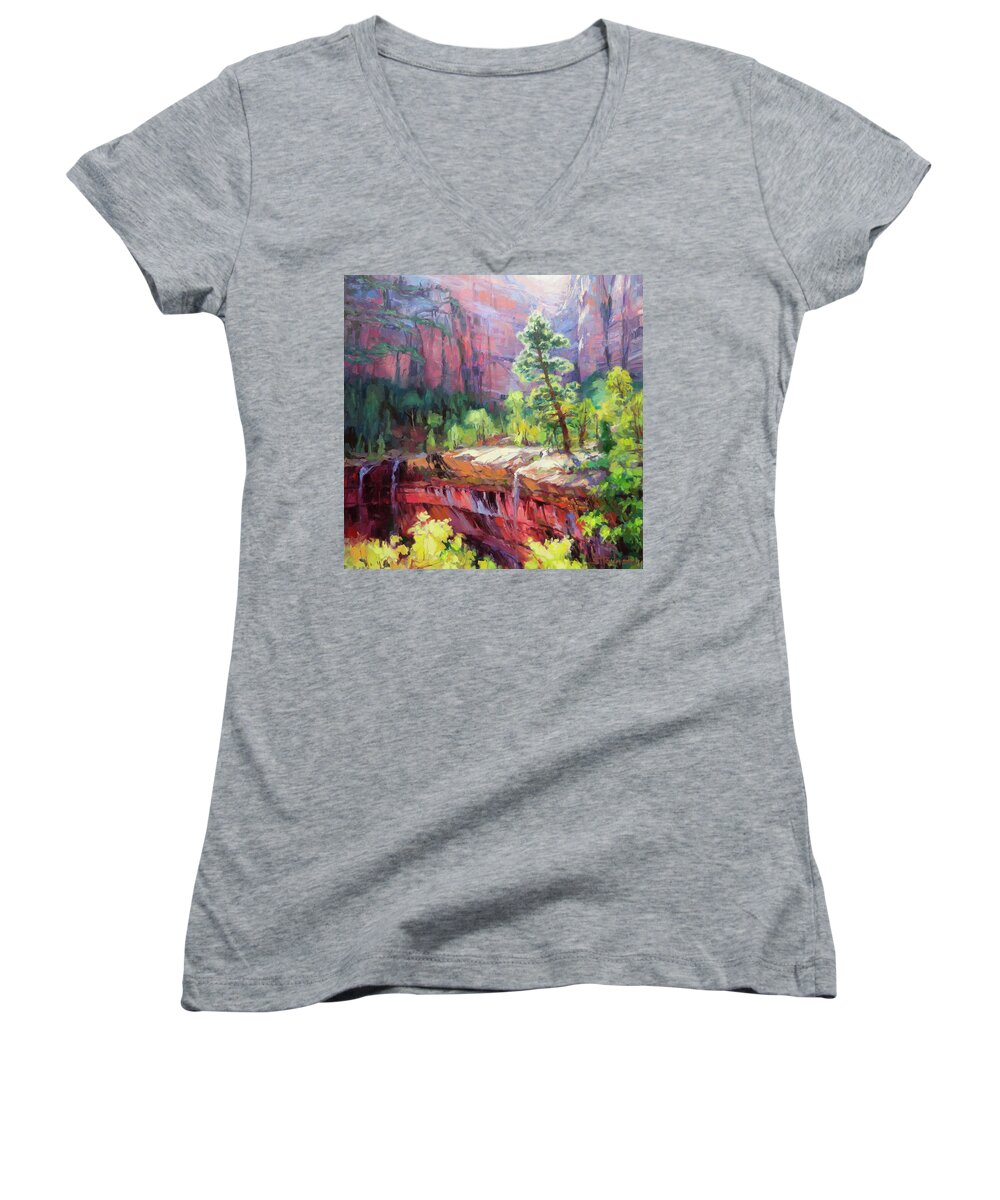Zion Women's V-Neck featuring the painting Last Light in Zion by Steve Henderson