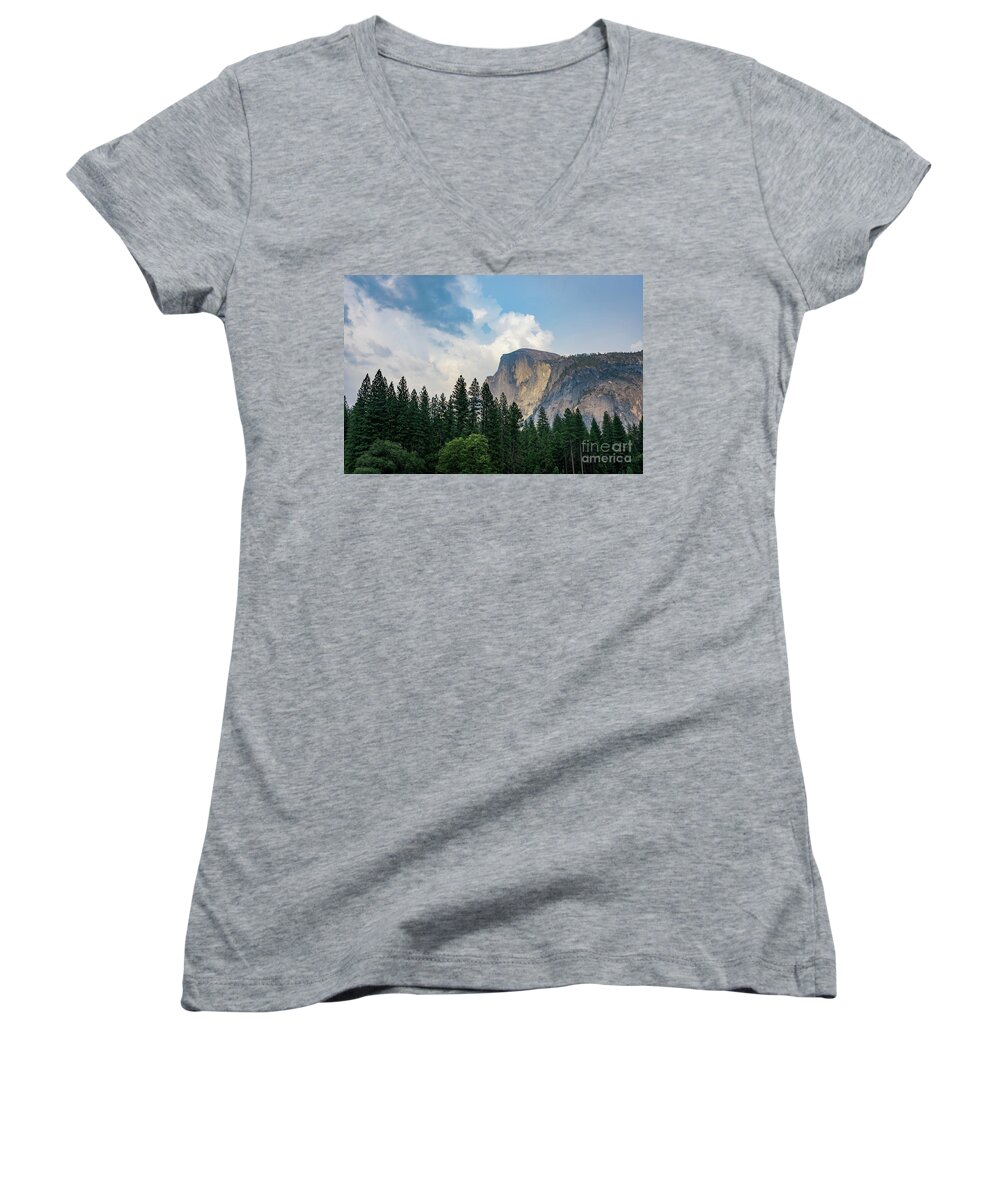 Sierra Nevada Women's V-Neck featuring the photograph Late Summer Half Dome by Jeff Hubbard