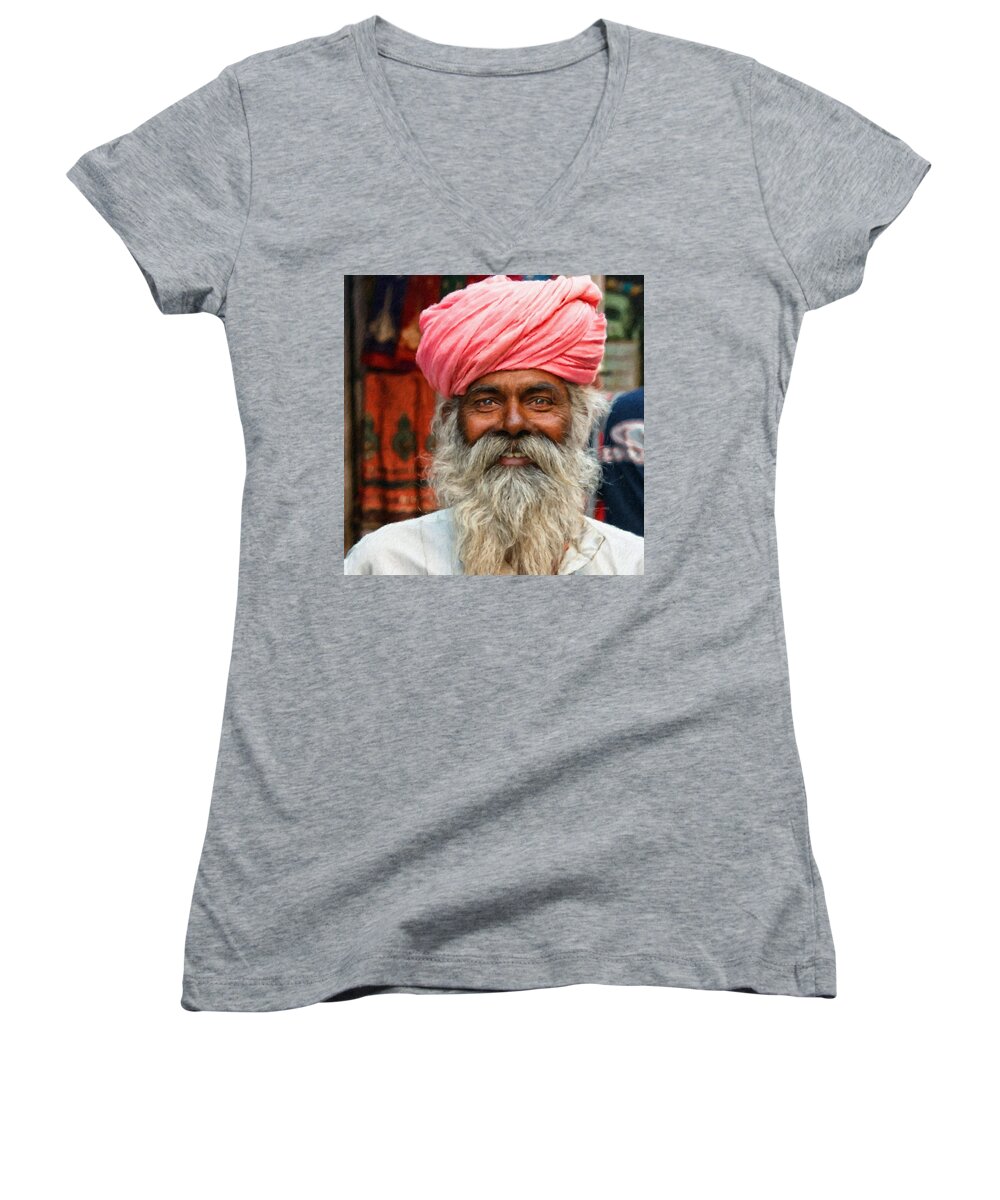 Laughing Man Women's V-Neck featuring the painting Laughing Indian man in turban by Vincent Monozlay