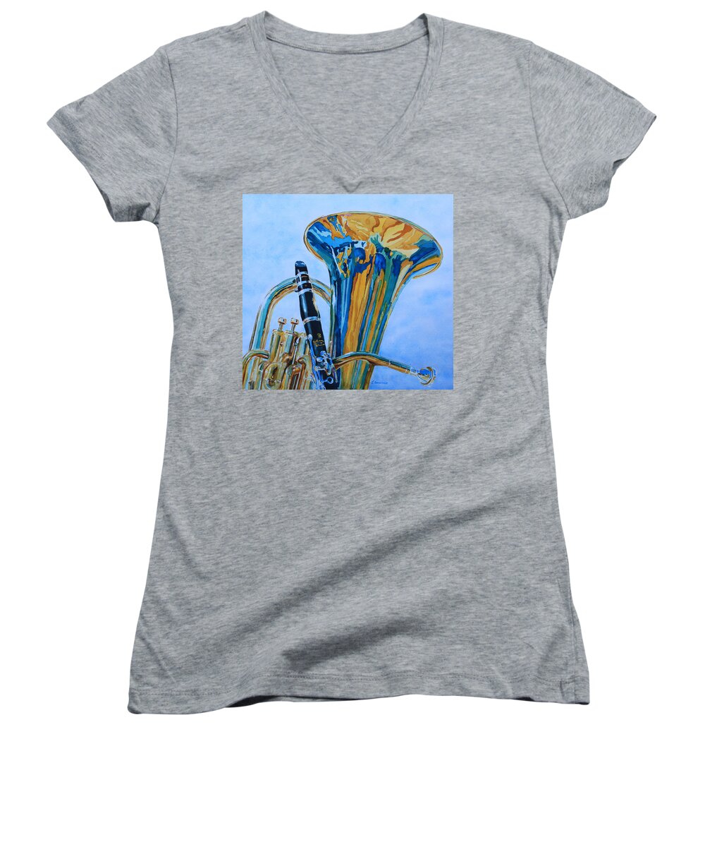 Euphonium Women's V-Neck featuring the painting Laurel and Hardy by Jenny Armitage