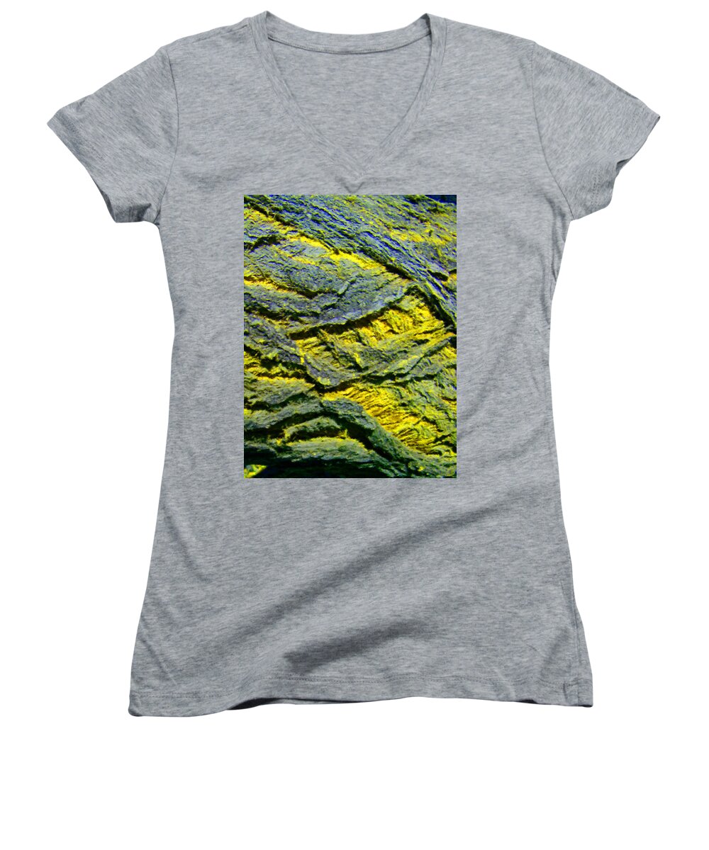 Abstract Women's V-Neck featuring the photograph Layers in Blue and Yellow by Lenore Senior