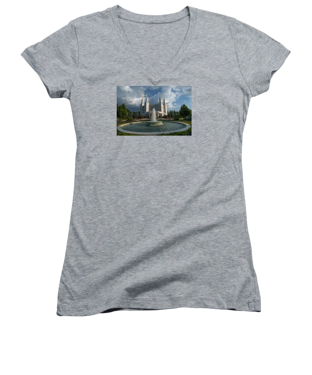 Architecture Women's V-Neck featuring the photograph LDS Water fountain by Brian Green