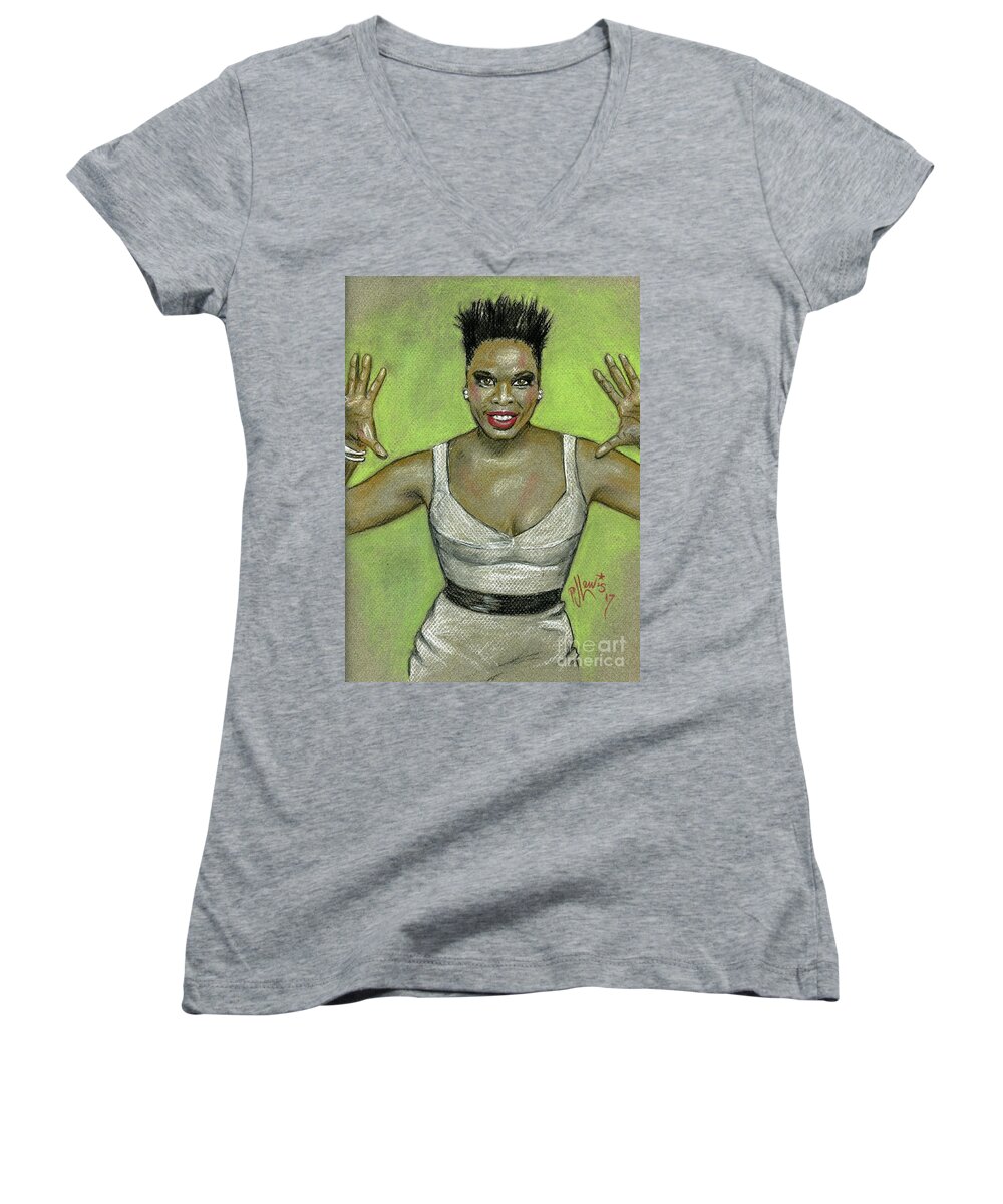Comedian Women's V-Neck featuring the drawing Leslie Jones by PJ Lewis