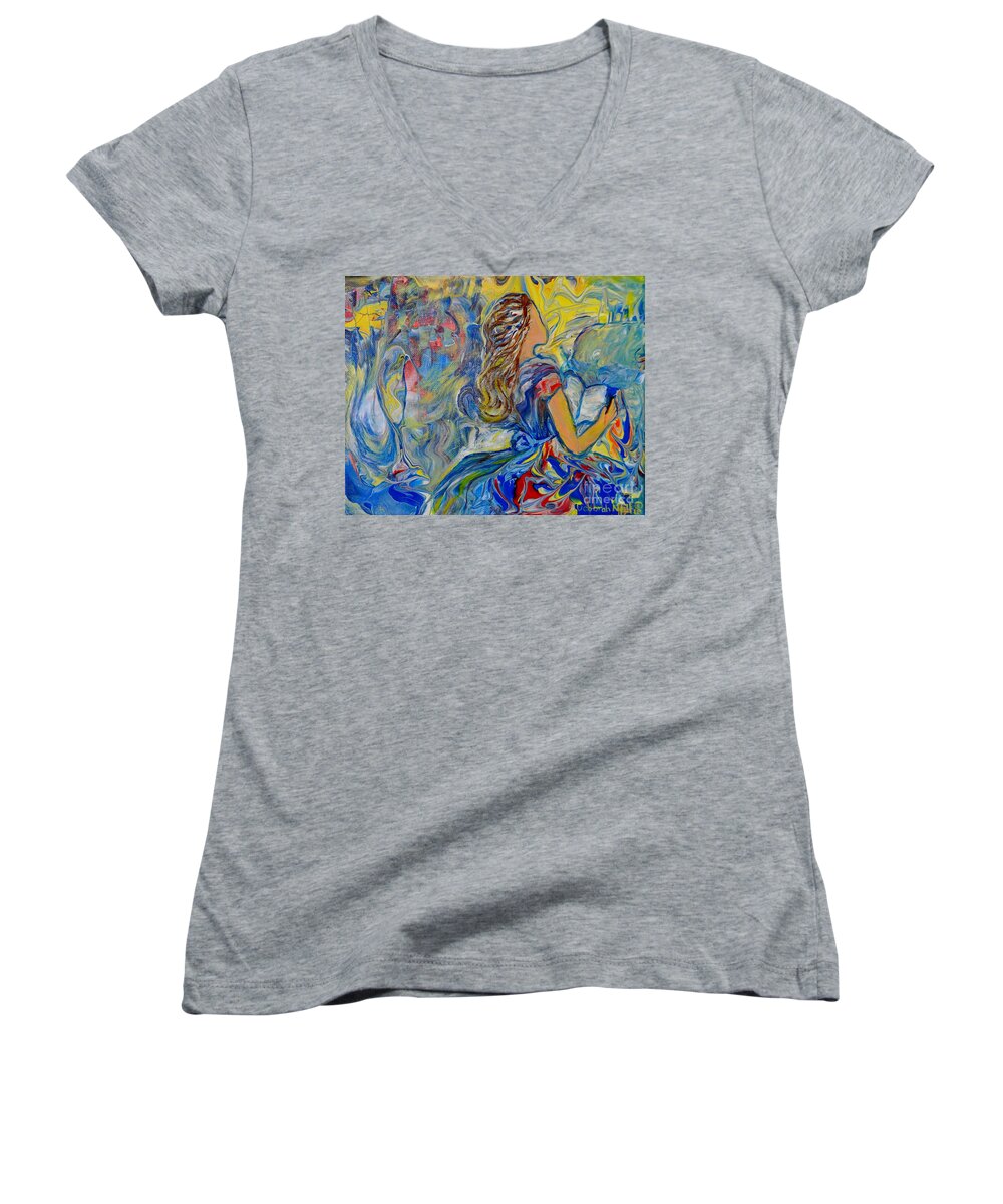 Faceless Art Women's V-Neck featuring the painting Let Your Kingdom Come by Deborah Nell