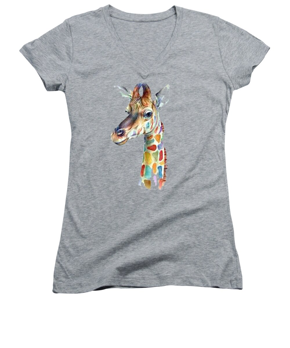 Giraffe Women's V-Neck featuring the painting Let's Neck T-shirt by Herb Strobino